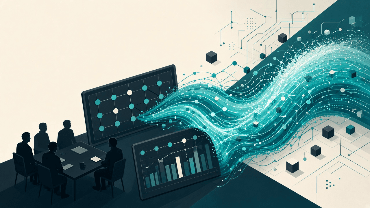 Silhouettes of a product team around a conference table, with product boards and a teal neural-network wave connecting into a digital grid